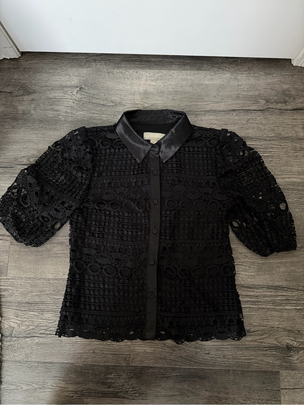 By Design Black Eyelet Crochet Lace Button Down Top Satin Collar Small
